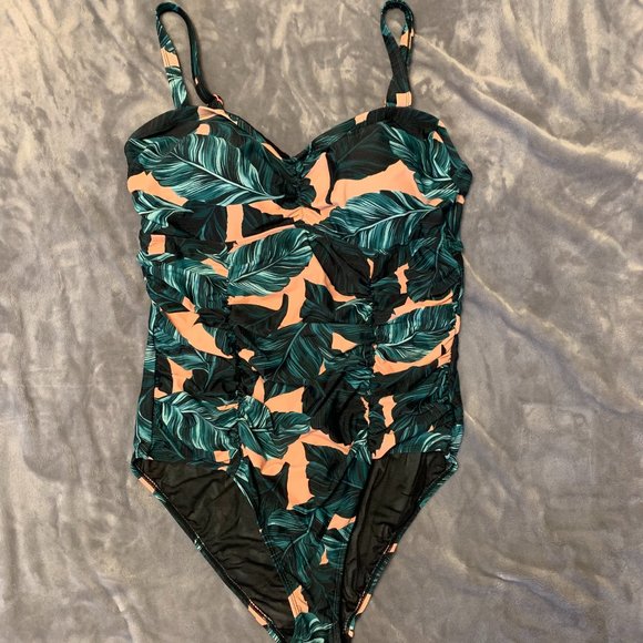 Peach Palm Ruched One Piece Swimsuit (plus size)